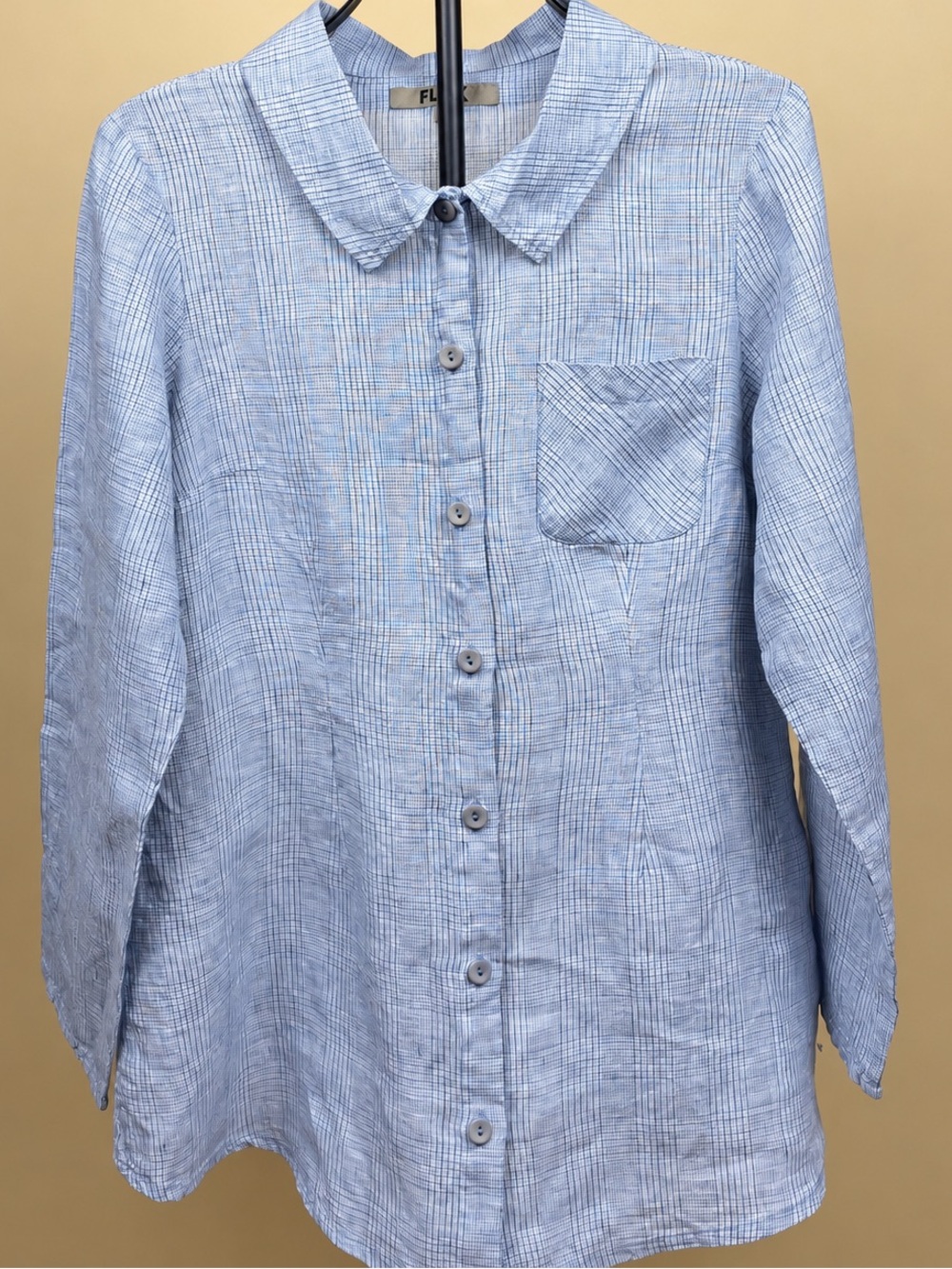 Flax 100% Linen Light Blue Casual Button-Down Shirt with Pocket
